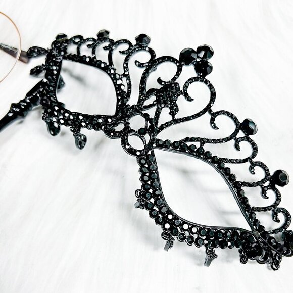 Black Masquerade Mask with Stick, Crystal Masquerade Mask, Prom Mask, Party Mask - Picture 4 of 9